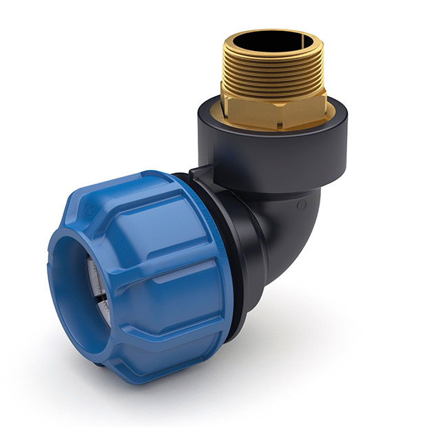 Overgangsknie 90&deg; messing buitendraad